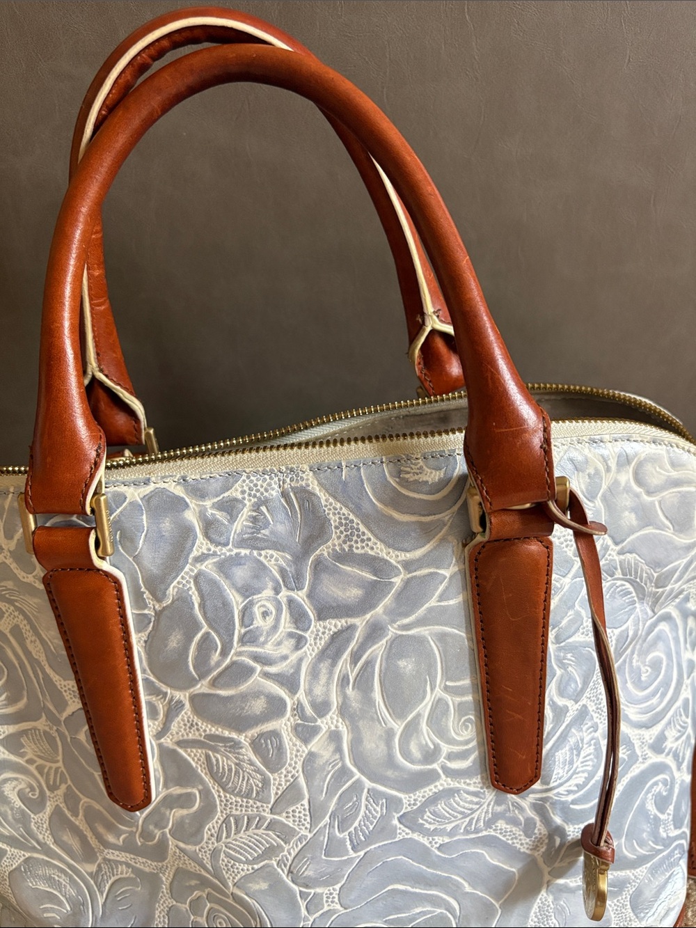 Brahmin Vivian Dome Satchel Blue Floral Embossed with Brown Trim - Picture 15 of 16